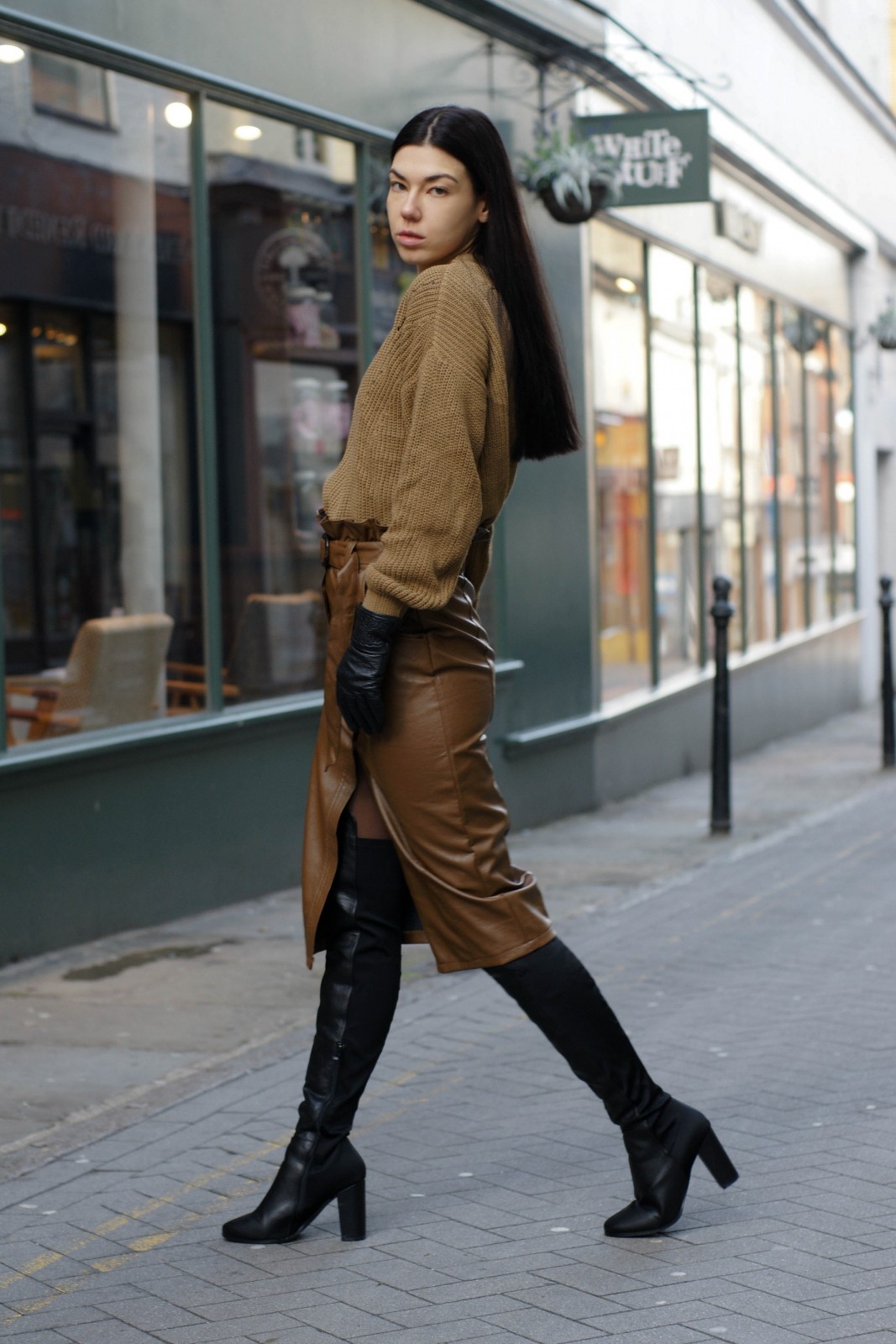 leather skirt high boots