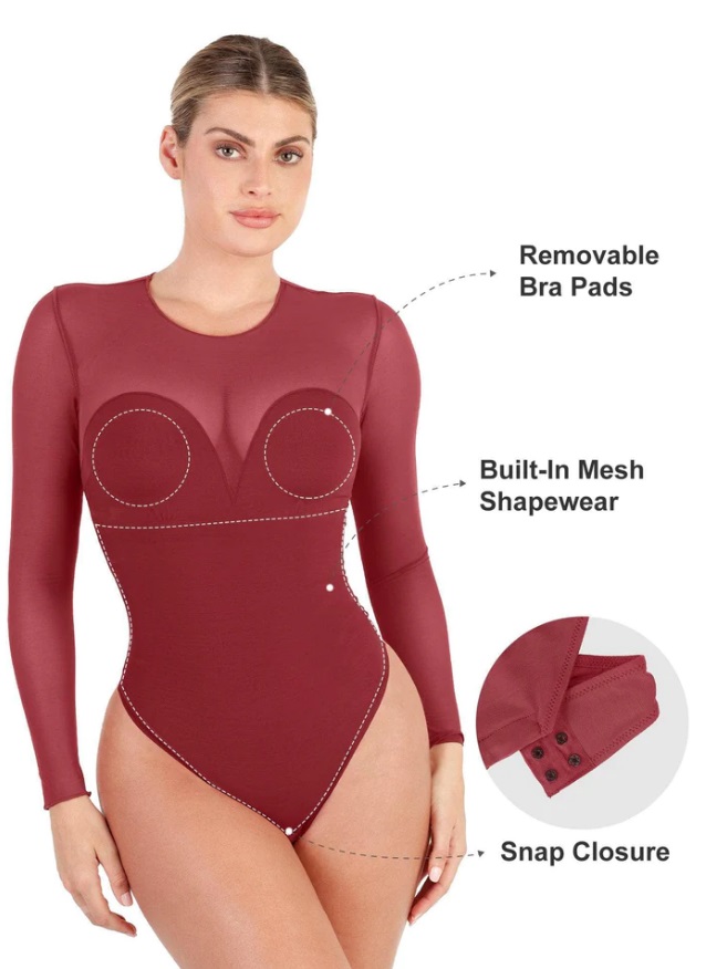 Popilush's Best Bodysuit Sheer Mesh Shapewear Long Sleeve Thong Bodysuit 