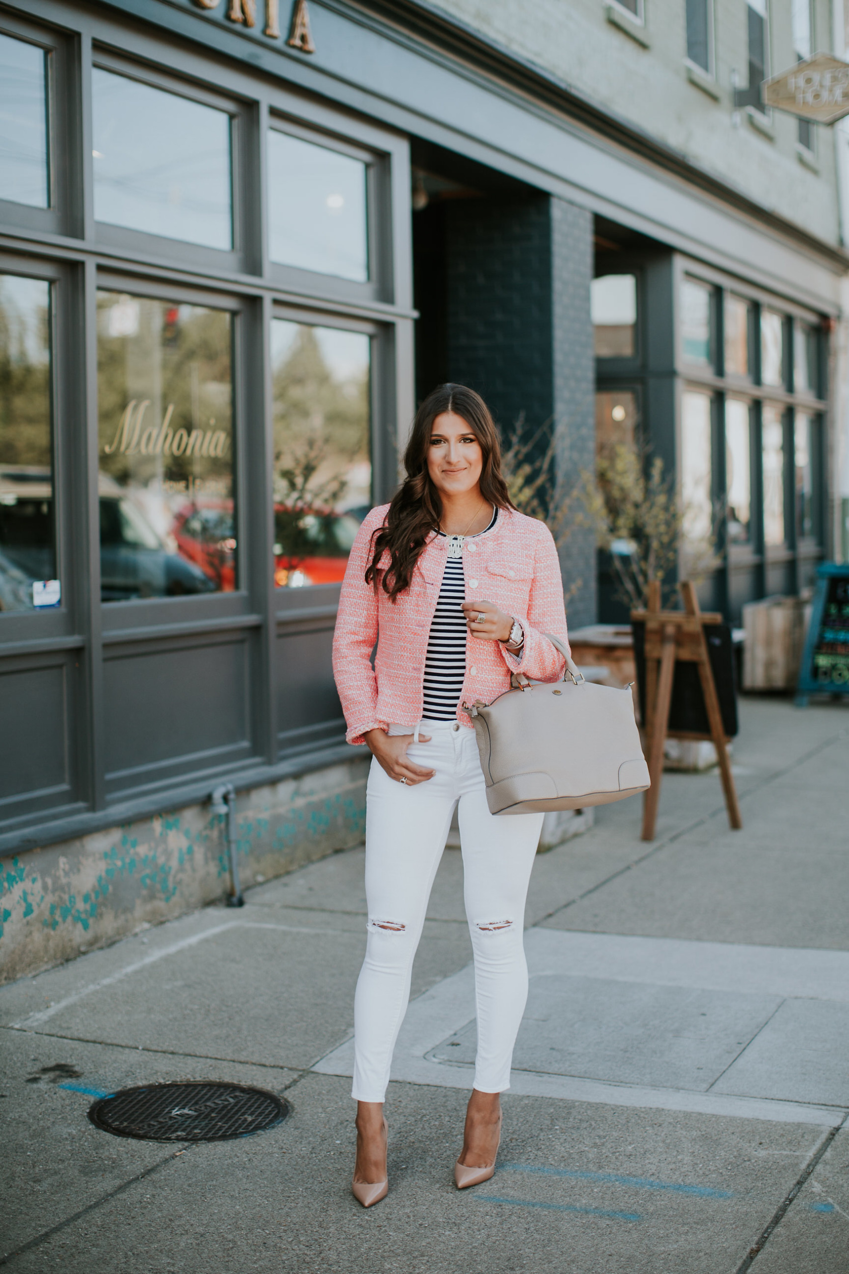 Cute Gossip Girl outfit with pink tweed jacket